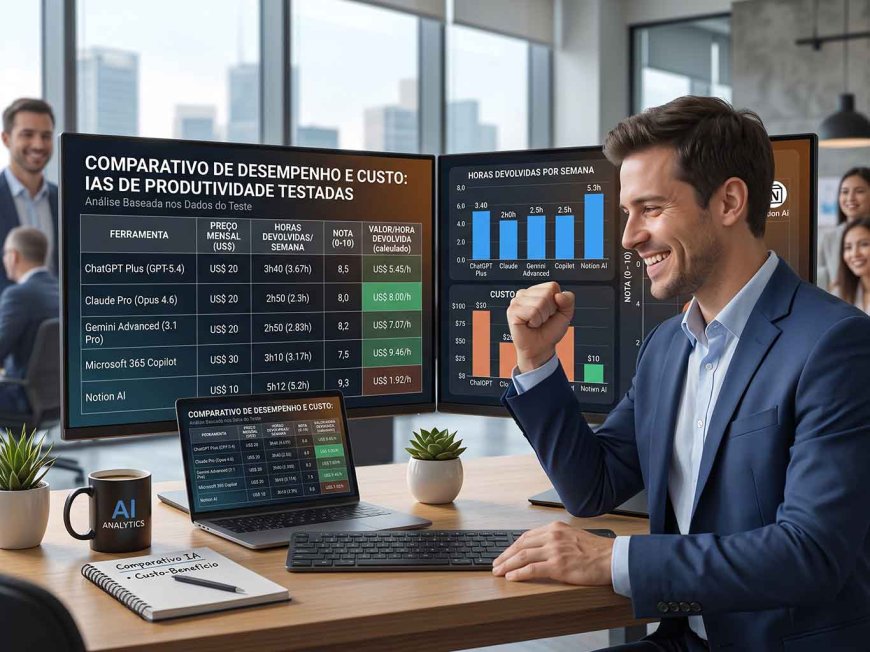 Profissional satisfeito ao lado do laptop comemorando o resultado do teste de IAs
